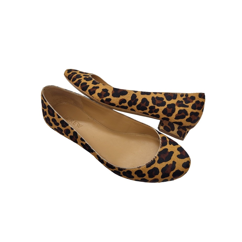 J.Crew Leopard Calf Hair Flats‎ Low Block Heel Brown Animal Print Size 7 Vegan